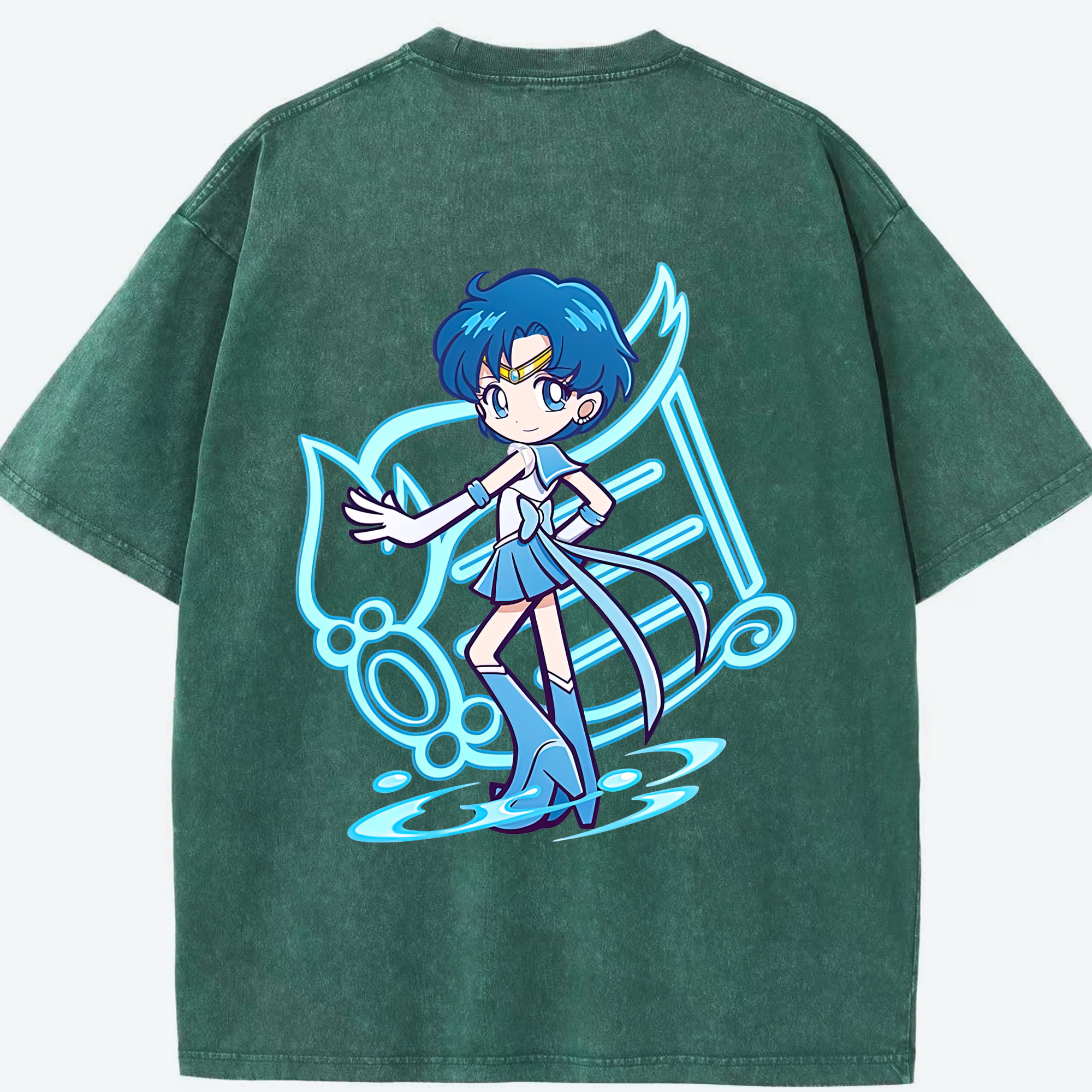 （画像用） 美少女戦士セーラームーン 水野 亜美 みずの あみ Sailor Moon Mizuno Ami 綿100% ヴィンテージ風 半袖Tシャツ（背面プリント）